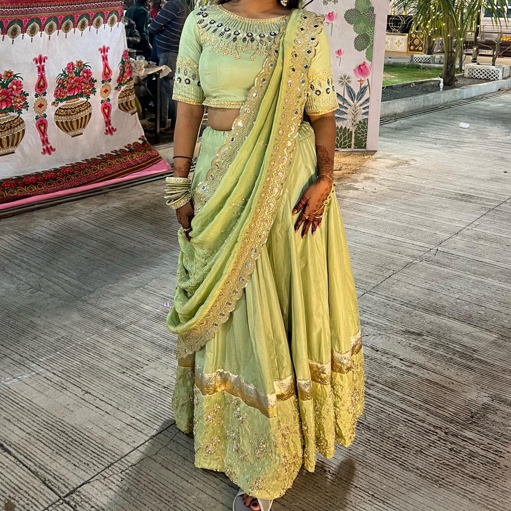 Designer handwork and handcrafted chaniya choli lehnga in pistachio color